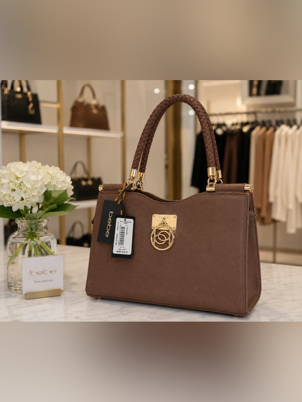 Bebe Kate Shopper Tote Taupe Brown Braided Handles Gold Hardware NWT